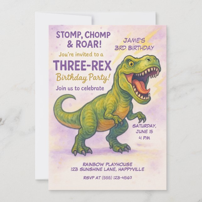 Roar & Stomp! It’s a Three-Rex Birthday Party! Invitation (Front)