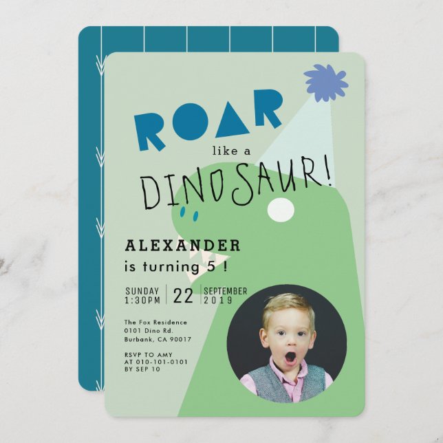 ROAR T-Rex Dinosaur Green Photo Boy's Birthday Invitation (Front/Back)
