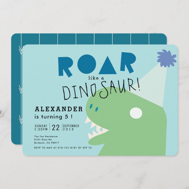 ROAR T-Rex Dinosaur Light Blue Boy's Birthday Invitation (Front/Back)