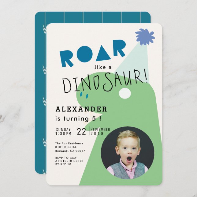 ROAR T-Rex Dinosaur Navy Blue Photo Boy's Birthday Invitation (Front/Back)