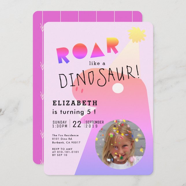 ROAR T-Rex Dinosaur Neon Pink Photo Girl Birthday Invitation (Front/Back)
