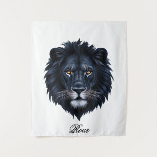Roar Typography Black Lion Face Tapestry