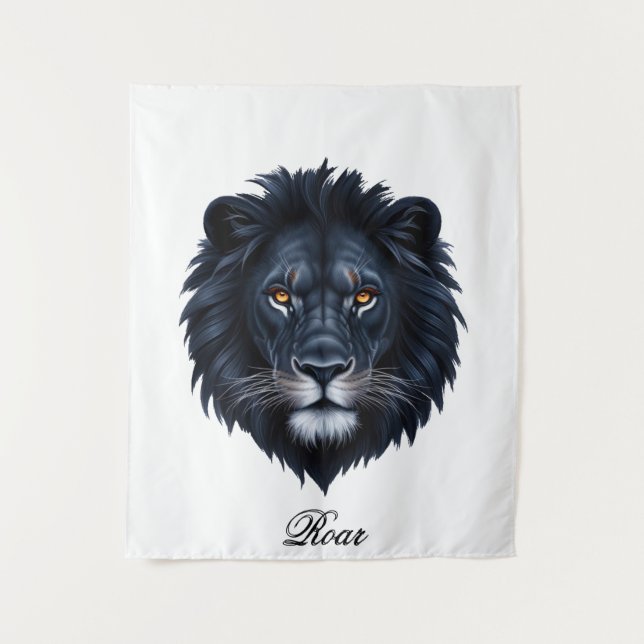 Roar Typography Black Lion Face Tapestry (Front)
