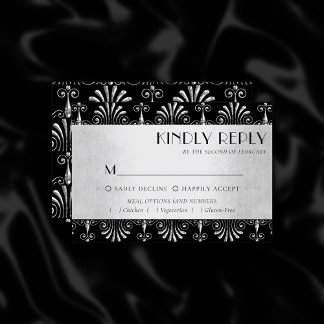 Roarin 20s Decadence | Silver Black Art Deco Meal RSVP Card