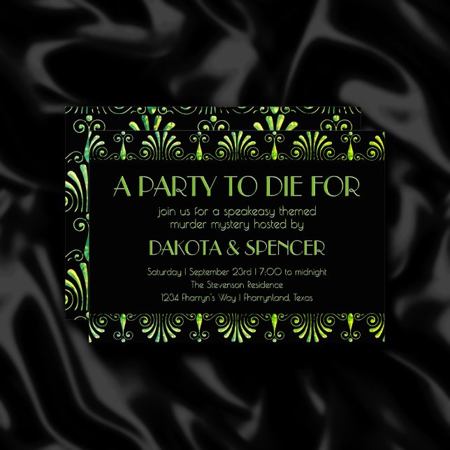 Roarin 20s Green and Black Art Deco Murder Mystery Invitation (Creator Uploaded)