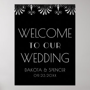 Roarin 20s Silver Black Art Deco Wedding Welcome Poster