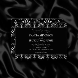 Roarin 20s Silver on Black Modern Art Deco Wedding Invitation
