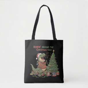 Roarin' Around The Christmas Tree Funny T-Rex Tote Bag