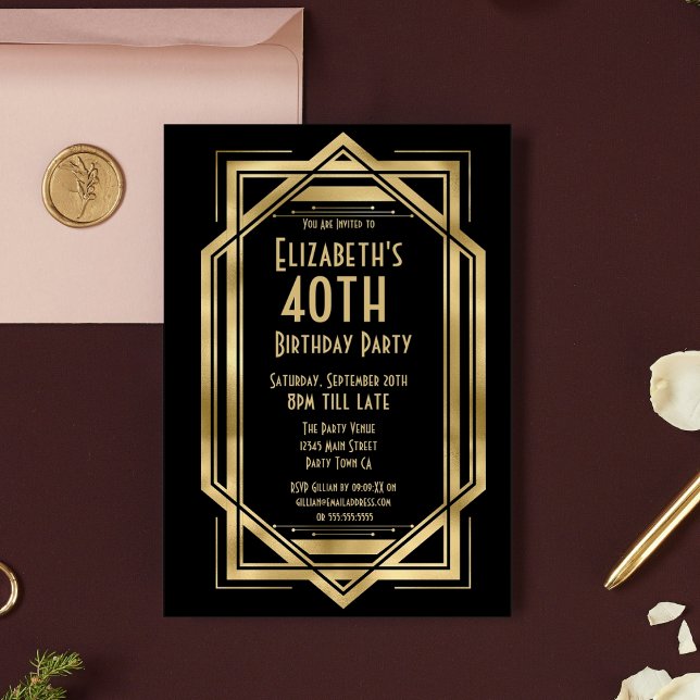 Roaring 20s Art Deco Black | Gold 40th Birthday Invitation (Creator Uploaded)