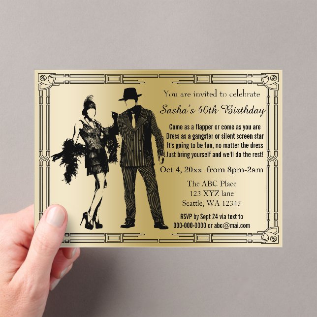 Roaring 20s art deco flapper girl and gangster acrylic invitations (Insitu (Handheld))