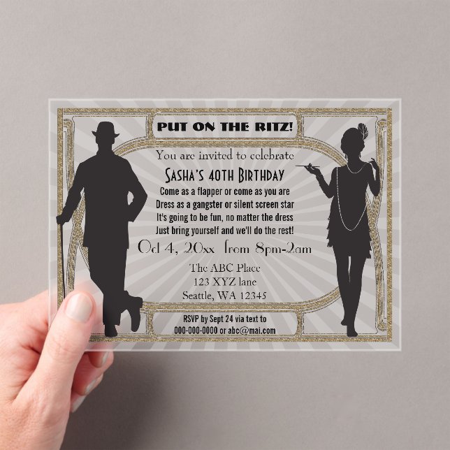 Roaring 20s art deco flapper girl and gangster acrylic invitations (Insitu (Handheld))