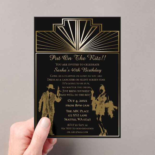 Roaring 20s art deco flapper girl and gangster acrylic invitations (Insitu (Handheld))