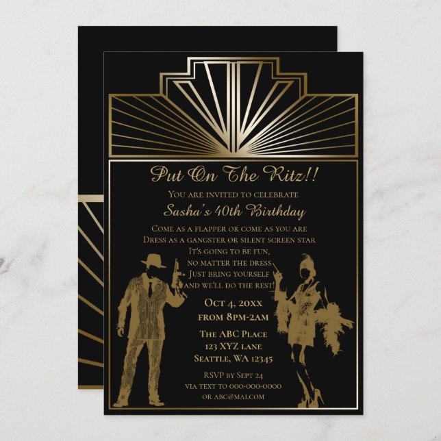 Roaring 20s art deco flapper girl and gangster invitation (Front/Back)