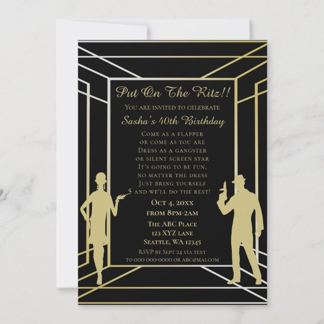 Roaring 20s art deco flapper girl and gangster invitation (Front)