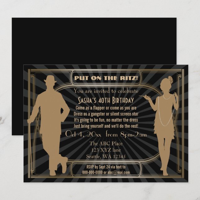 Roaring 20s art deco flapper girl and gangster invitation (Front/Back)