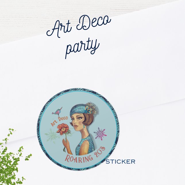 Roaring 20's Art Deco Lady in Blue Classic Round Sticker (Zazzle Roaring 20's Art Deco Lady in Blue Classic Round Sticker (Envelope))