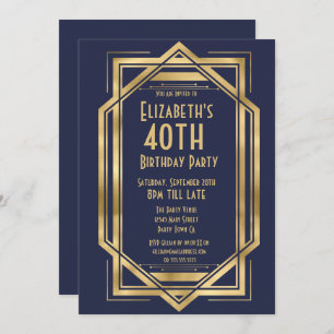 Roaring 20s Art Deco Navy Blue   Gold 40th  Invitation