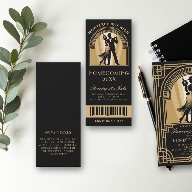 Roaring 20s Art Deco Prom Homecoming School Ticket Invitation (homecoming prom school event ticket roaring 20s gatsby flapper dancing black gold)