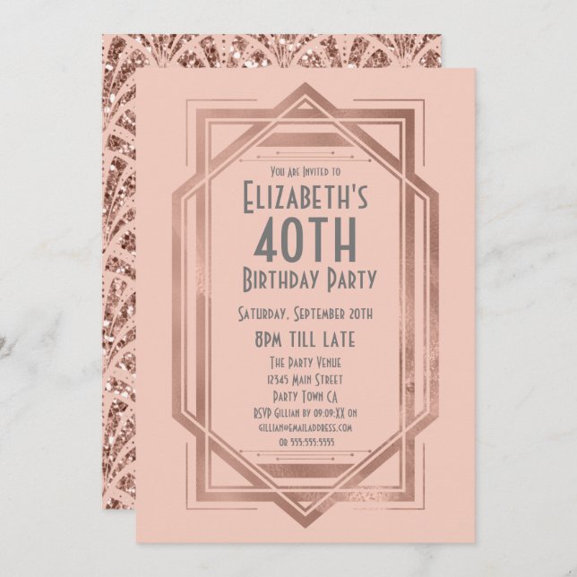 Roaring 20s Art Deco Rose Gold 40th Birthday Invitation (Front/Back)