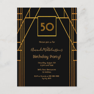 Roaring 20's birthday black gold deco invitation postcard
