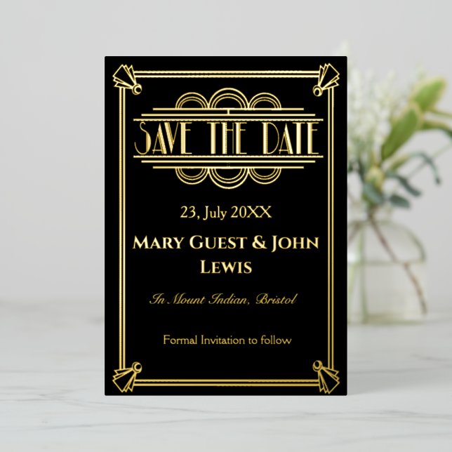 Roaring 20's Black and Gold Art Deco Save the Date (Standing Front)