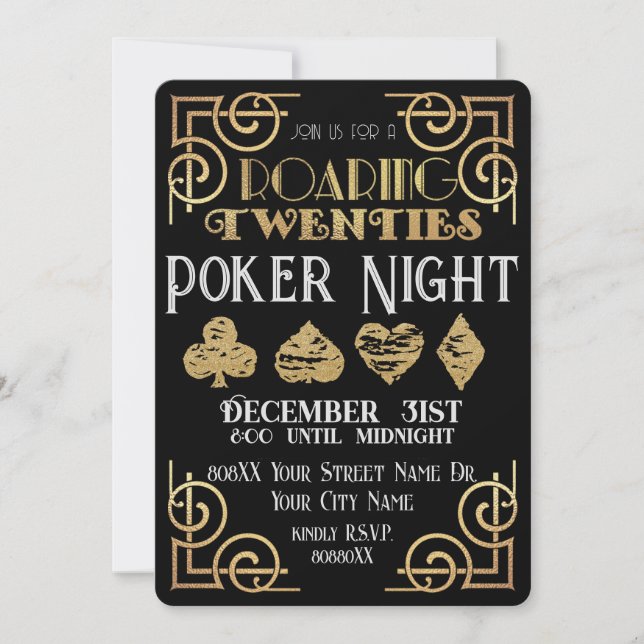 Roaring 20s Black & Gold Dice Poker Night Invitation (Front)