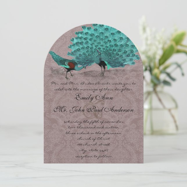 Roaring 20s Damask Turquoise Love Bird Peacock Invitation (Standing Front)
