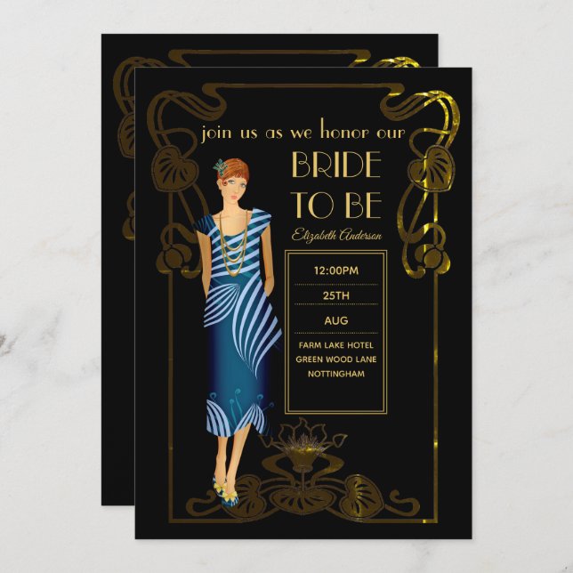 Roaring 20s Flapper Art Deco Gatsby Bridal Shower Invitation (Front/Back)