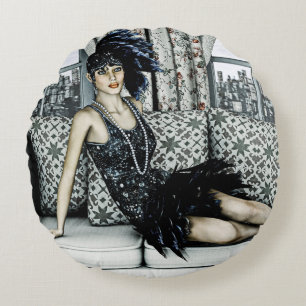 Roaring 20s Flapper Fashion Art Illustration Round Cushion