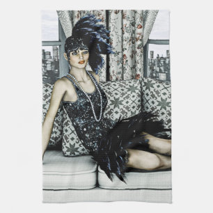 Roaring 20s Flapper Fashion Art Illustration Tea Towel
