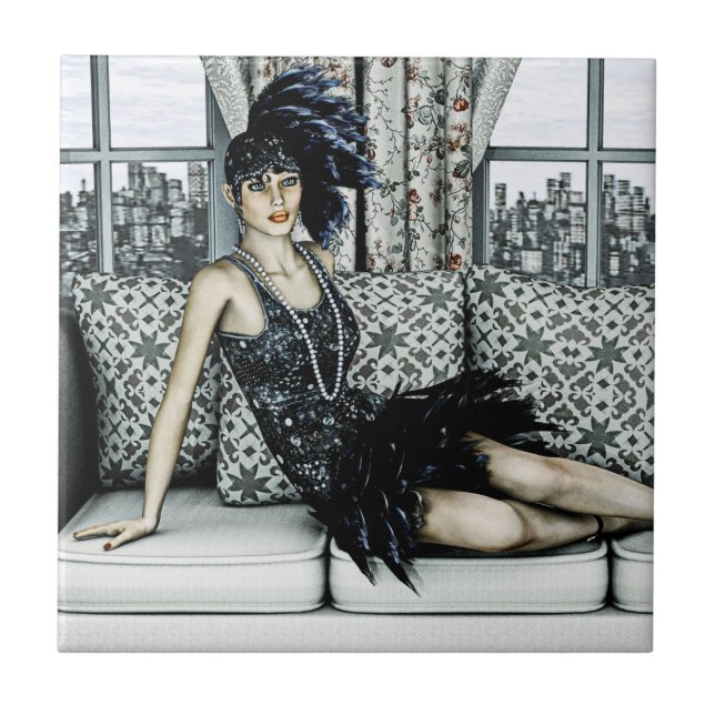 Roaring 20s Flapper Fashion Art Illustration Tile (Front)