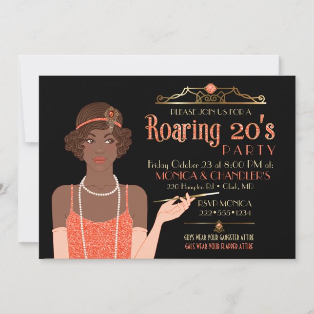 Roaring 20's Flapper Glitter Retro Tangerine Black Invitation (Front)
