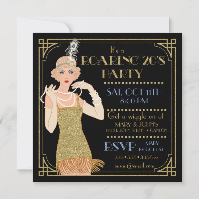 Roaring 20's Flapper Gold Glitter Black Retro Invitation (Front)