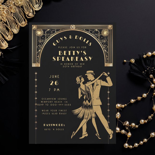 Roaring 20s Gatsby Flapper Speakeasy Chic Birthday Invitation (roaring 20s speakeasy gatsby flapper dance dancing couple gold black deco adult birthday party)