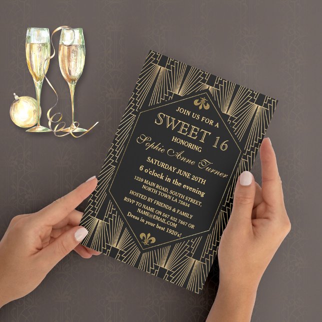 Roaring 20s Great Gatsby Art Deco Sweet 16 Party Invitation (Creator Uploaded)
