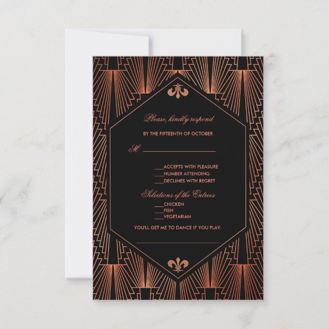 Roaring 20s Great Gatsby Copper Art Deco Wedding RSVP Card (Front)