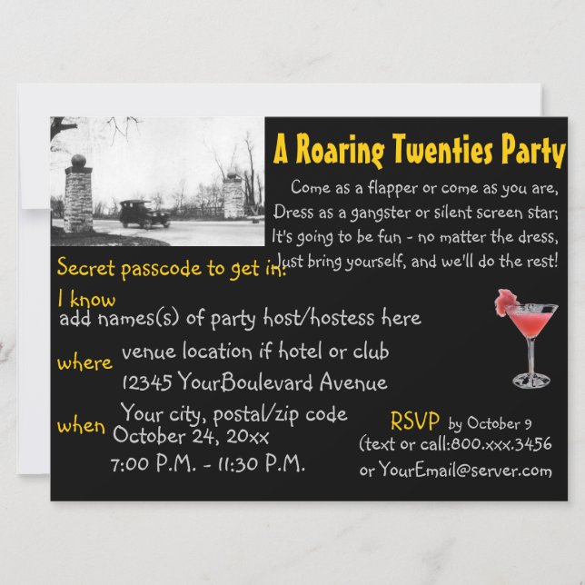 Roaring 20's ProhibitionTheme Party Black Invitation (Front)