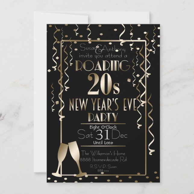Roaring 20s Retro Gold Confetti New Year's Eve Invitation (Front)