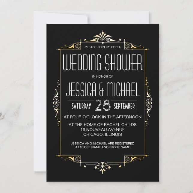 Roaring 20's Theme Wedding Shower | Art Deco Style Invitation (Front)