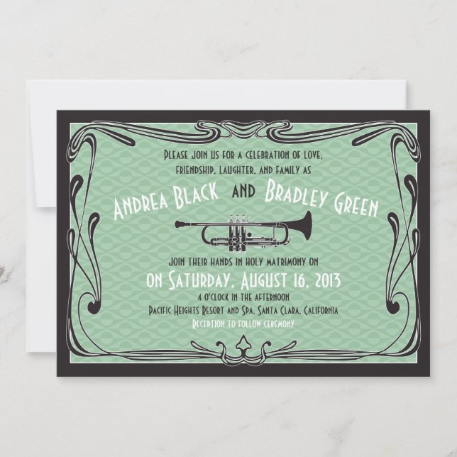 Roaring 20s Twenties Trumpet Mint Green Wedding Invitation (Front)