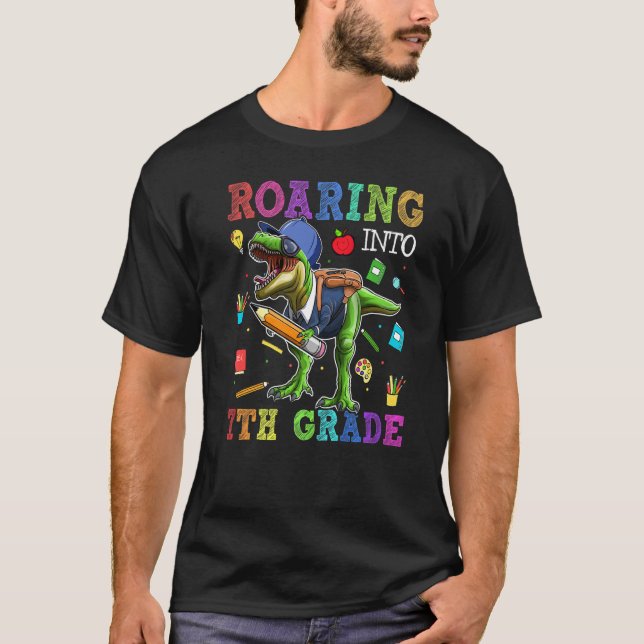 Roaring 7th Grade Dinosaur Rex Back To School Stud T-Shirt (Front)
