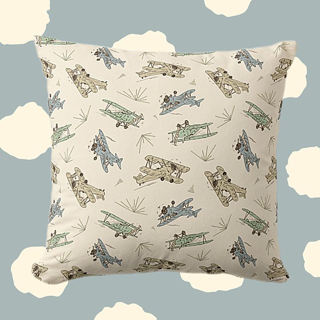 Roaring Art Deco Bi-planes - blue green pattern.   Cushion (Creator Uploaded)