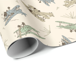 Roaring Art Deco Bi-planes - blue green pattern.   Wrapping Paper