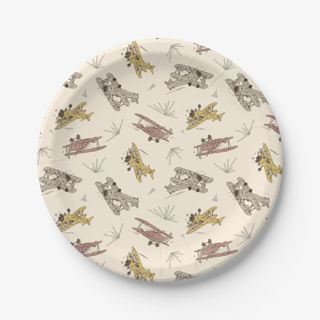 Roaring Art Deco Bi-planes - red yellow pattern.   Paper Plate (Front)