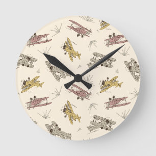 Roaring Art Deco Bi-planes - red yellow pattern. Round Clock