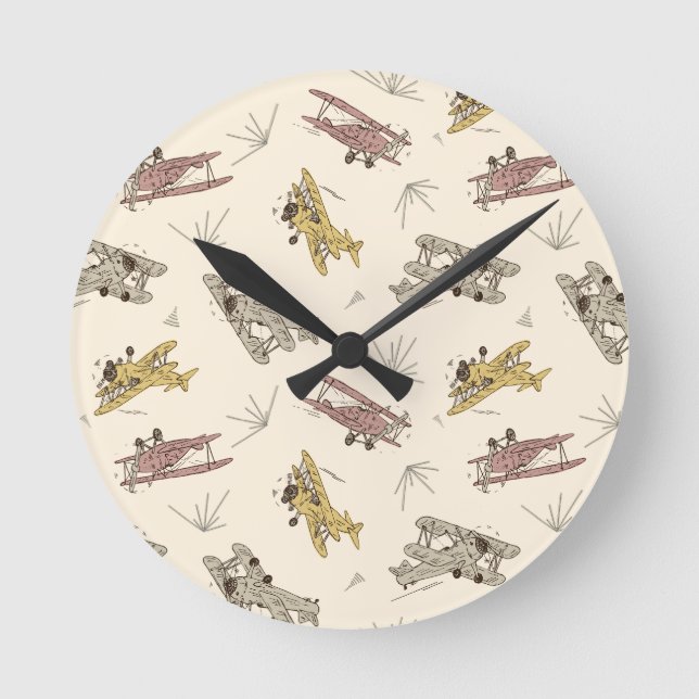 Roaring Art Deco Bi-planes - red yellow pattern.   Round Clock (Front)