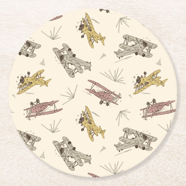 Roaring Art Deco Bi-planes - red yellow pattern.   Round Paper Coaster (Front)