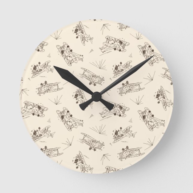 Roaring Art Deco Bi-planes - sketched pattern.   Round Clock (Front)
