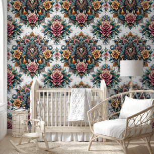Roaring Beauty: Lion & Floral Splendour Wallpaper