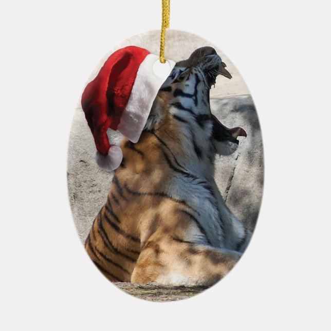 Roaring Bengal Tiger with Santa Hat Ceramic Ornament (Front)